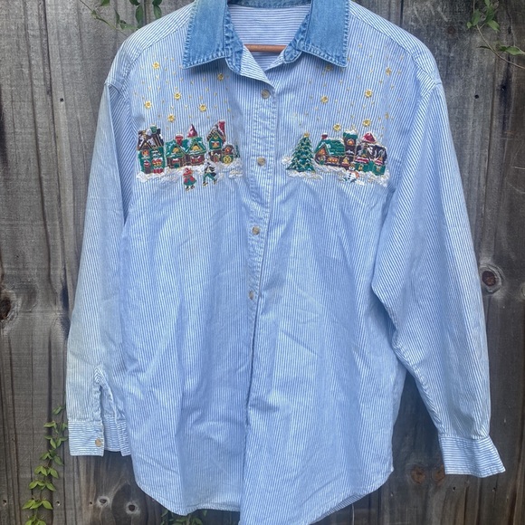 Vintage Christmas Denim Buttondown Shirt|cottagecore Christmas village Holiday - Picture 4 of 10